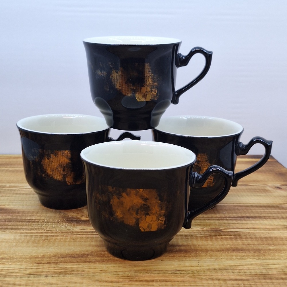 Vintage Homer Laughlin Seville Black & Gold 2 Pair of Coffee Cups Mugs Set Of 4